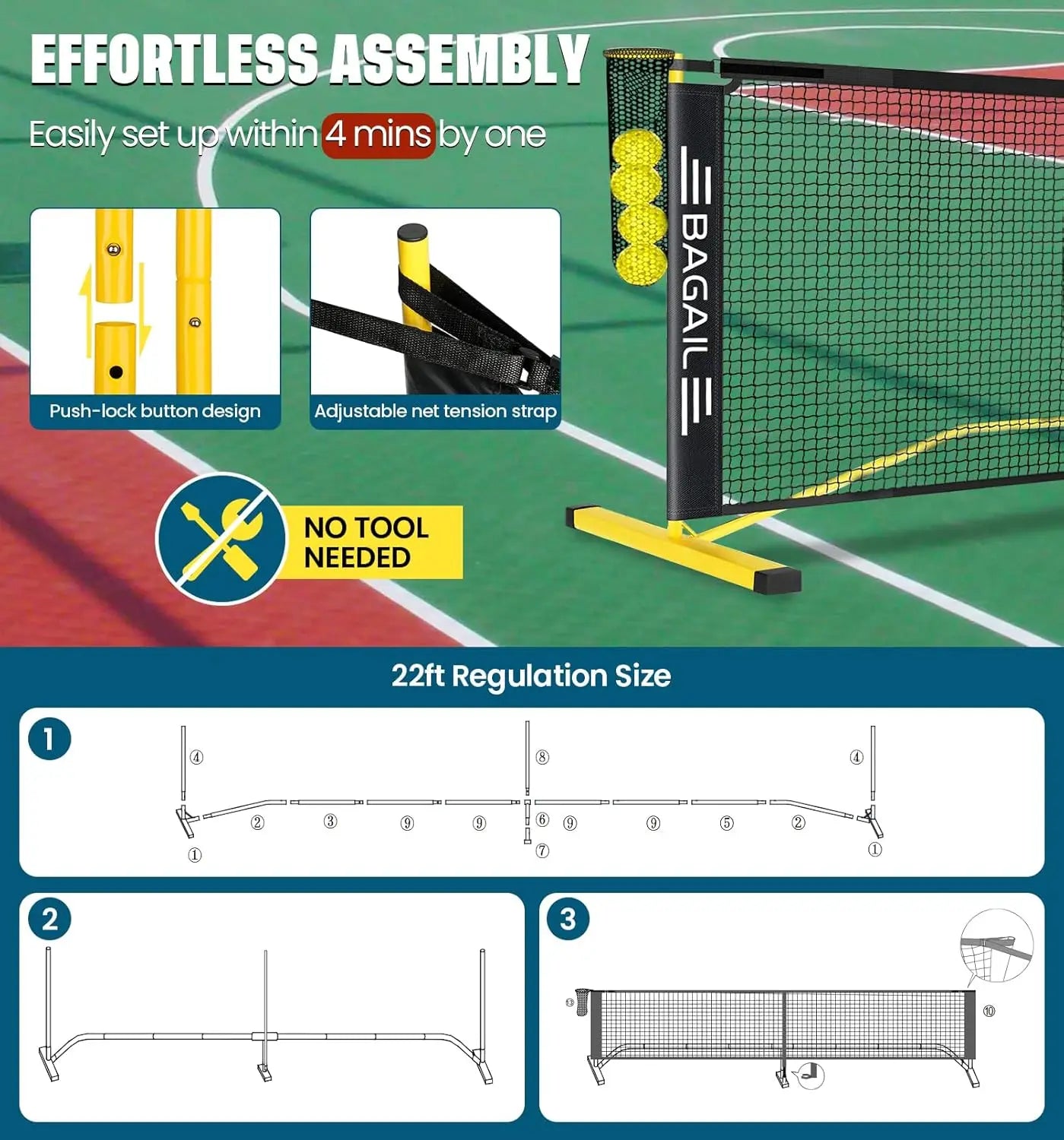 Portable Pickleball Net Set With Ball Collector Carry Bag