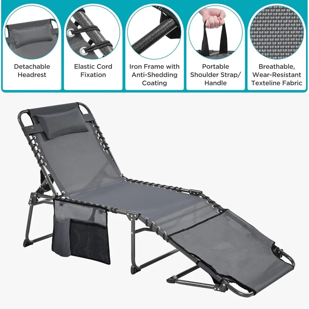 Folding Tanning Chair 5 Position Outdoor Chaise Lounge Pad