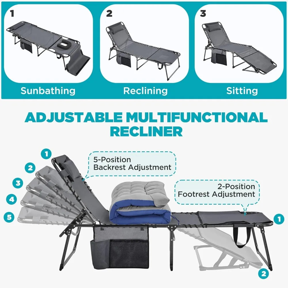 Folding Tanning Chair 5 Position Outdoor Chaise Lounge Pad