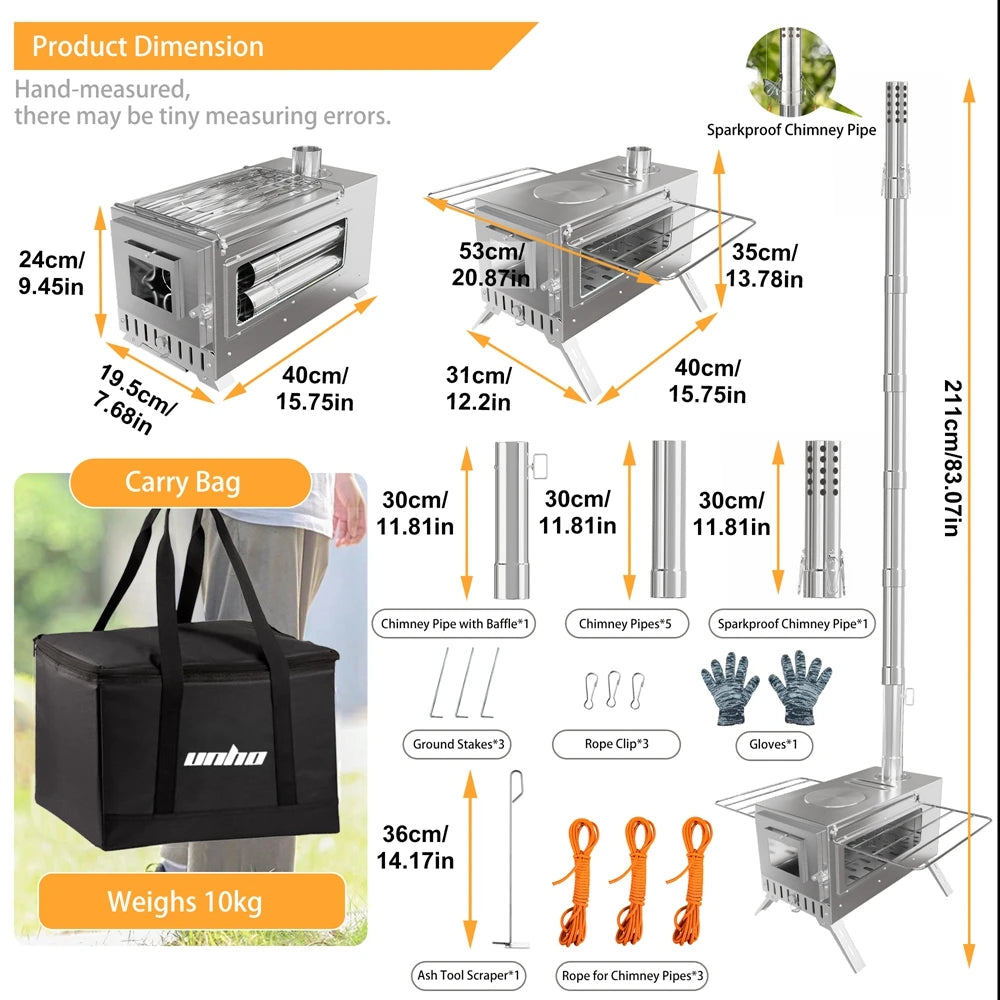 Portable Stainless Steel Tent Wood Burning Stove For Camping