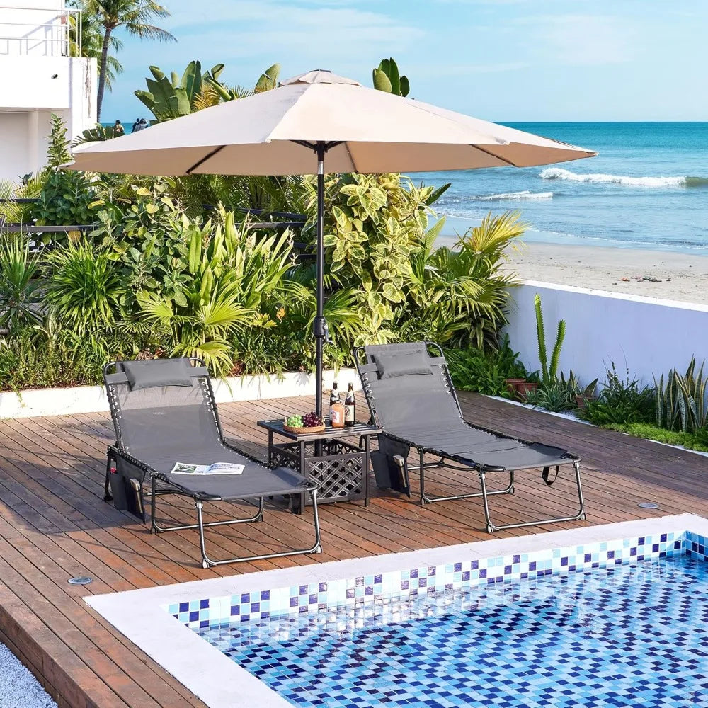 Folding Tanning Chair 5 Position Outdoor Chaise Lounge Pad