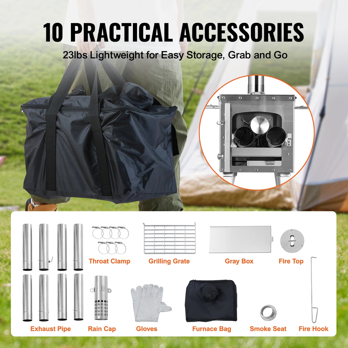 SucceBuy Stainless Steel Portable Wood Stove Camping Chimney
